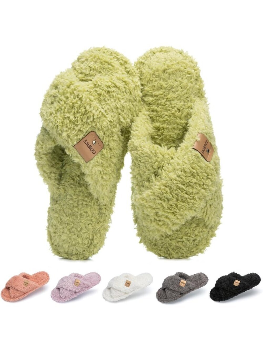 Women's Green Cozy Cross Band Indoor and Outdoor Fuzzy Open Toe Slipper Shoes